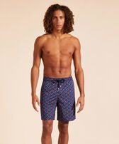 Men Long Stretch Swim Trunks Micro Ronde Des Tortues Rainbow Navy front worn view