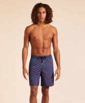 Men Long Stretch Swim Shorts Micro Ronde Des Tortues Rainbow Navy front worn view