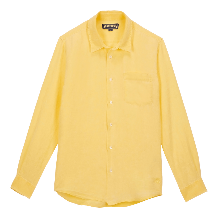 Camisa De Lino Lisa Para Hombre - Camisa - Caroubis - Amarillo