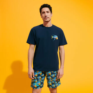 Men Organic Cotton T-shirt Embroidered Piranhas Navy front worn view