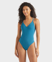 Costume intero donna tinta unita effetto seconda pelle Peacock vista frontale indossata