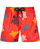 Boys Stretch Swim Shorts Ronde des Tortues Multicolores Poppy red front view