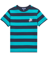 T-shirt garçon col rond coton Navy Striped Vert tropezien vue de face