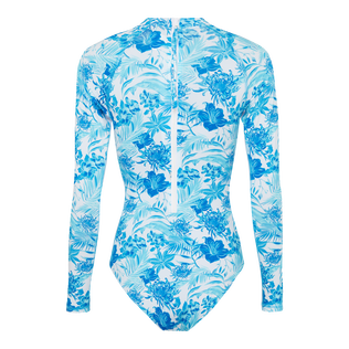 Einteiliger Tahiti Flowers Langarm-Rashguard für Damen Weiss Rückansicht