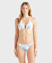 Top de bikini anudado alrededor del cuello con estampado Medusa and Shells para mujer Blanco vista frontal desgastada
