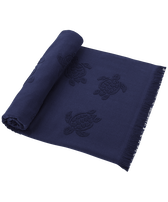 Beach Towel in Organic Cotton Turtles Jacquard Navy front worn view