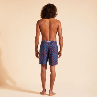 Men Long Stretch Swim Trunks Micro Ronde Des Tortues Rainbow Navy back worn view