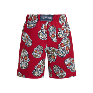 Boys Stretch Red Swim Shorts Día de Muertos Lipstick back view