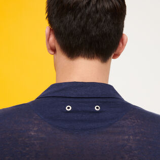 Men Linen Jersey Polo Shirt Solid Navy details view 2