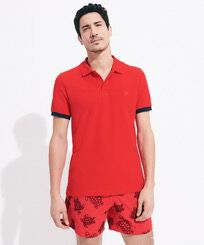 Men Cotton Pique Polo Shirt Solid Poppy red front worn view