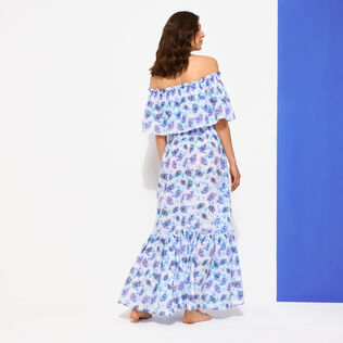 Langes schulterfreies Flash Flowers Kleid aus Baumwolle für Damen Purple blue Rückansicht getragen