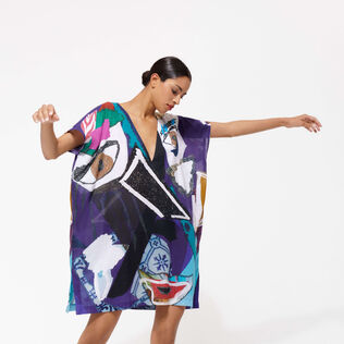 Women Cotton Voile Maxi Dress Envoûtement - Vilebrequin x Deux Femmes Noires Purple blue details view 2