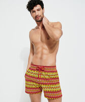 Men Stretch Short Swim Trunks Fish on Line Burgundy front worn view