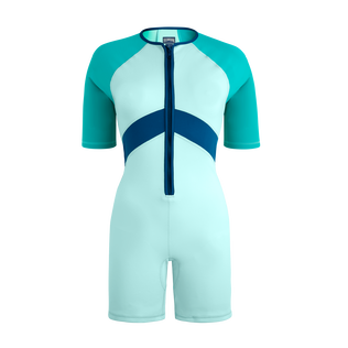 Dreifarbiger kurzer Rashguard-Badeanzug für Damen Blue note Vorderansicht