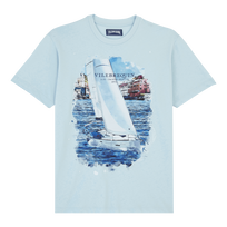 Camiseta de algodón de color blanco con estampado Sailing Boat para hombre Cielo azul vista frontal