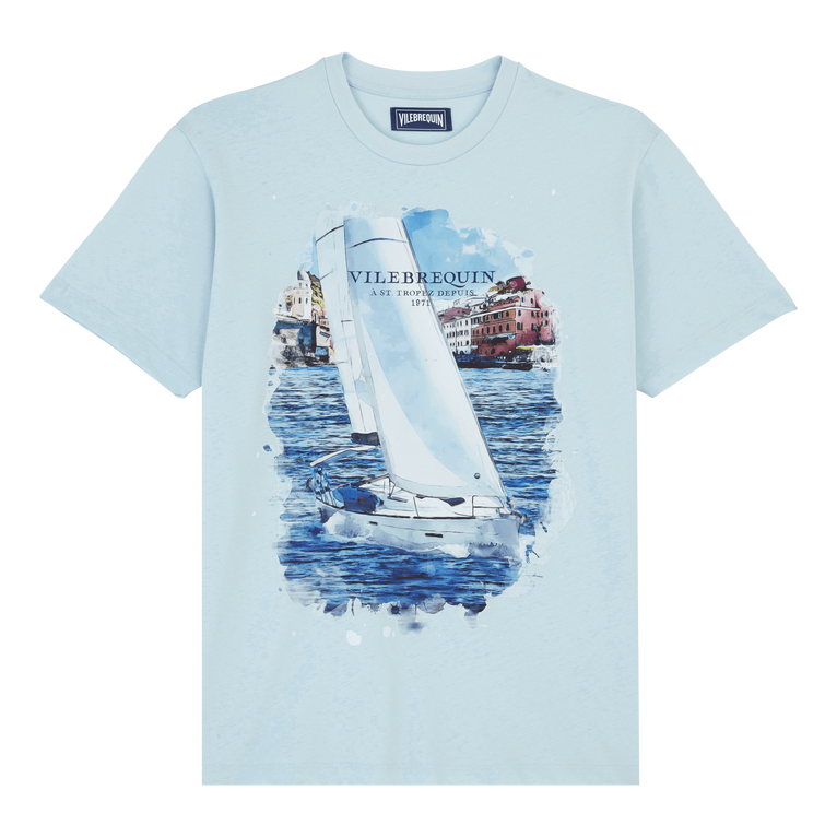 Men Cotton T-shirt White Sailing Boat - Portisol - Blue