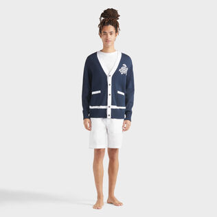 Men Cotton Cardigan Turtle Jacquard Bicolor Navy front worn view