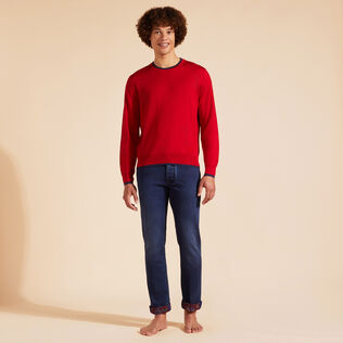 Men Merino Wool Cashmere Silk Crewneck Sweater Moulin rouge front worn view