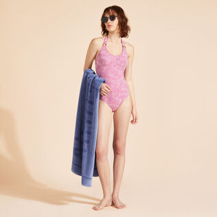 Women Halter One-piece Swimsuit Jacquard Floral Marshmallow details view 1