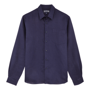 Camisa de lino lisa para hombre Azul marino vista frontal
