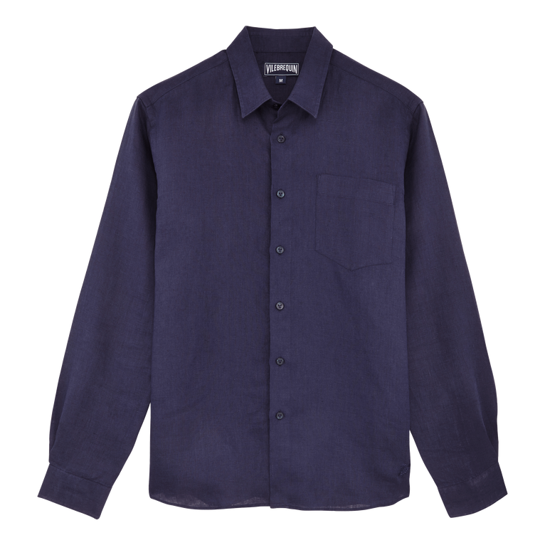 Men Linen Shirt Solid - Caroon - Blue - Size 4XL - Vilebrequin