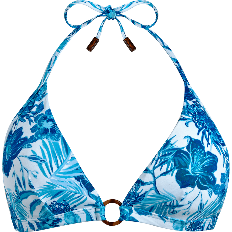 Top De Bikini Anudado Alrededor Del Cuello Con Estampado Tahiti Flowers Para Mujer - Traje De Baño - Flechett - Blanco