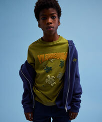 Boys Front Zip Sweatshirt Placed Embroidery Tortue Back Navy front worn view