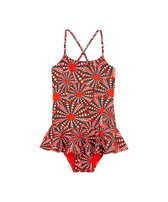 女童 Oursinades 花纹连体裙泳衣 Poppy red 正面图