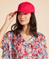 Embroidered Cap Turtles All Over Gooseberry red women front worn view