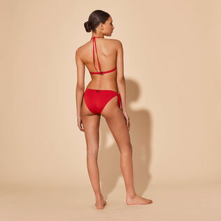 Top de bikini anudado alrededor del cuello con estampado Plumetis para mujer Moulin rouge vista trasera desgastada