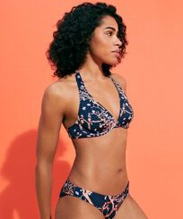 Top de bikini con aros y estampado Sweet Blossom para mujer Azul marino vista frontal desgastada