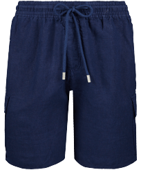 Bermudas lisas de lino con bolsillos de fuelle Azul marino vista frontal