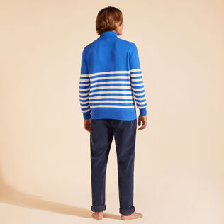 Men Striped Cotton and Cashmere Turtleneck Pullover Jacquard Tortue Sea blue back worn view
