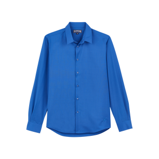Men Wool Shirt Solid Blu mare vista frontale