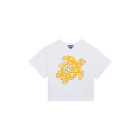 T-shirt en coton organique fille tortue brodée Blanc vue de face