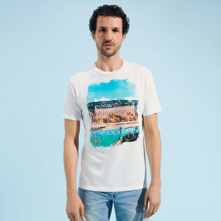 Camiseta de algodón con estampado Cannes para hombre Off white vista frontal desgastada