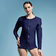 Women Long Sleeves Zipper Rashguard Solid Navy front worn view