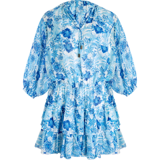 Robe courte à volants femme Tahiti Flowers Blanc vue de face