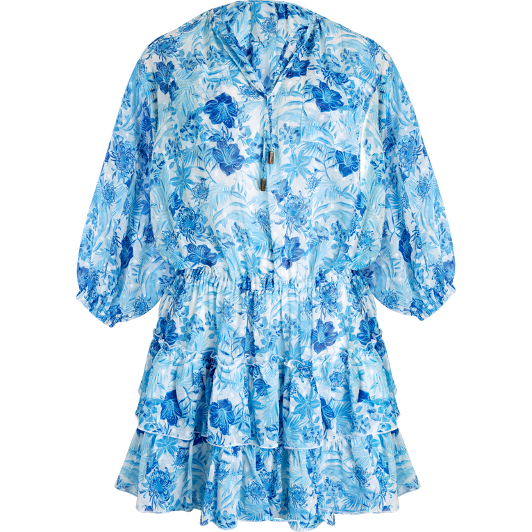 Women Ruffles Mini Dress Tahiti Flowers - Dress - Lauriane - White - Size XL - Vilebrequin