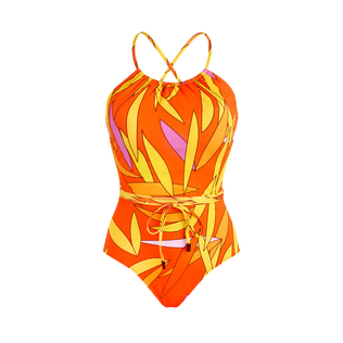Bañador de una sola pieza con estampado Madrague y espalda descubierta para mujer Albaricoque vista frontal