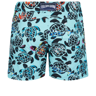 Men Flat Belt Stretch Swim Shorts Screen Turtles Lagoon back view