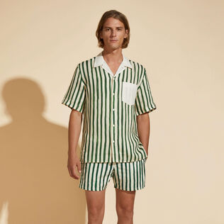 Men Linen Bowling Shirt HS Stripes - Vilebrequin x Highsnobiety Garden front worn view
