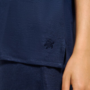 Camicia bowling unisex in jersey di lino tinta unita Blu marine dettagli vista 5