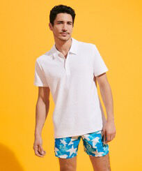 Solid Polohemd aus Jacquard für Herren Weiss Vorderseite getragene Ansicht
