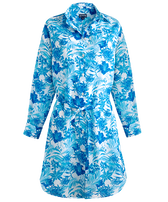 Vestido camisero en gasa de algodón con estampado Tahiti Flowers para mujer Blanco vista frontal