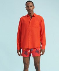 Men Linen Shirt Solid Poppy red front worn view