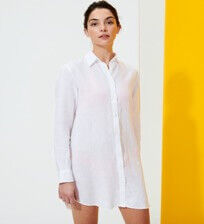 Robe Chemise femme en Lin unie Blanc vue portée de face