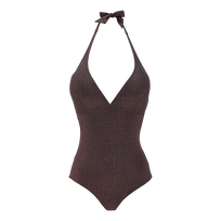 Women Halter One-Piece Swimsuit Changeant Shiny Burgundy front view