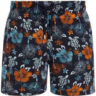Men Swim Trunks Embroidered Tropical Turtles - Limited Edition Navy front view