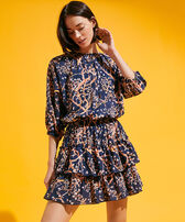 Women Short Ruffles Cotton Dress Sweet Blossom Navy front worn view